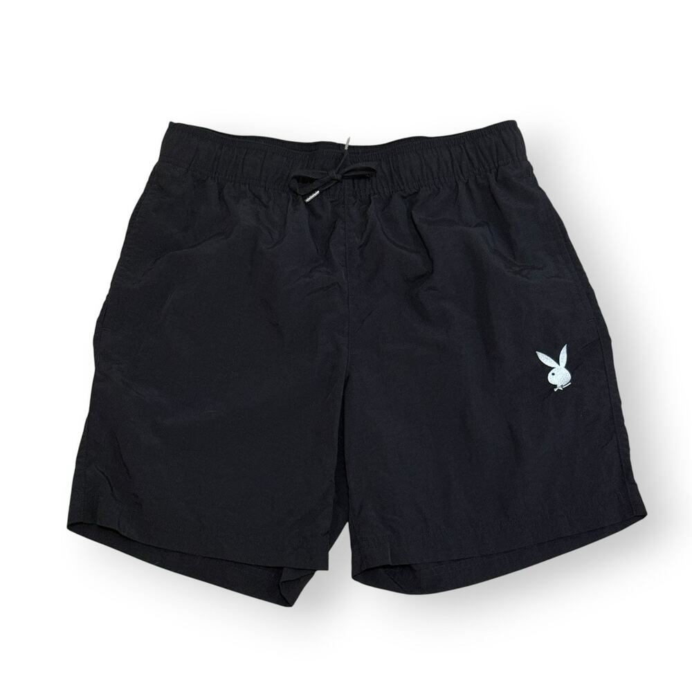Pacsun Playboy Shorts Men’s M Black Nylon Embroidered White Bunny Logo Beach Gym